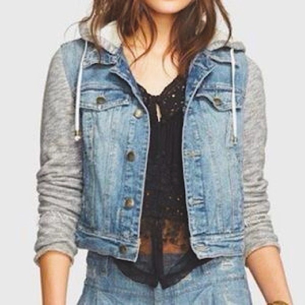 Free People Distressed Denim Knit Hoodie Jean Jacket Small